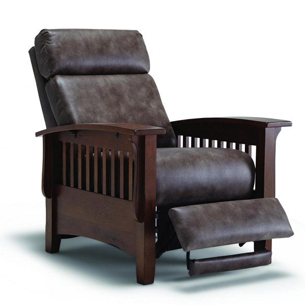 Dark brown reclining leather chair with wooden arms and footrest