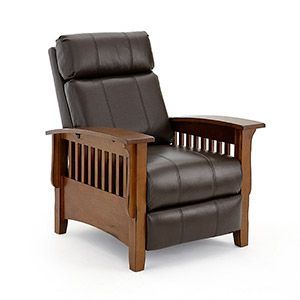 Brown leather recliner chair with wooden arms and frame, shown on a white background
