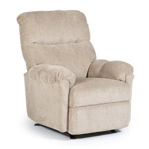 Beige upholstered recliner chair with padded arms and high back