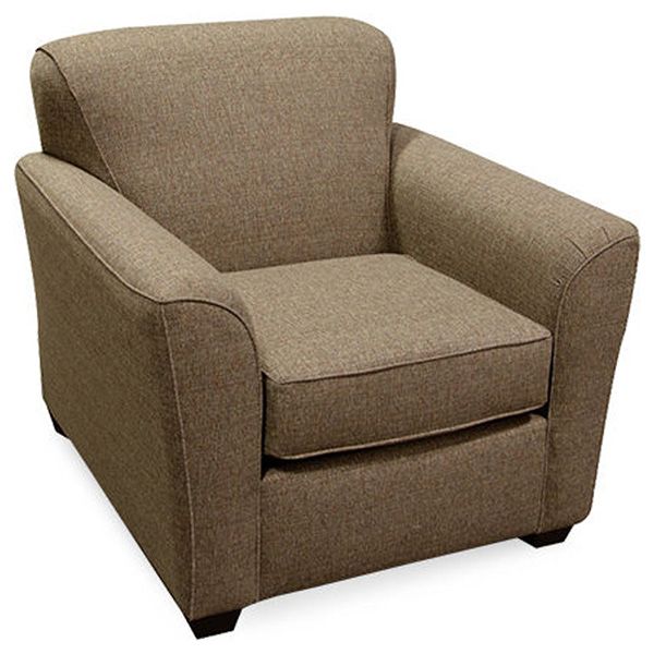 Brown upholstered armchair with cushioned seat and arms, shown on a white background