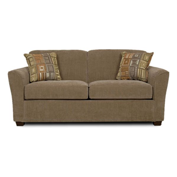 Beige two-seat sofa with patterned throw pillows on a white background