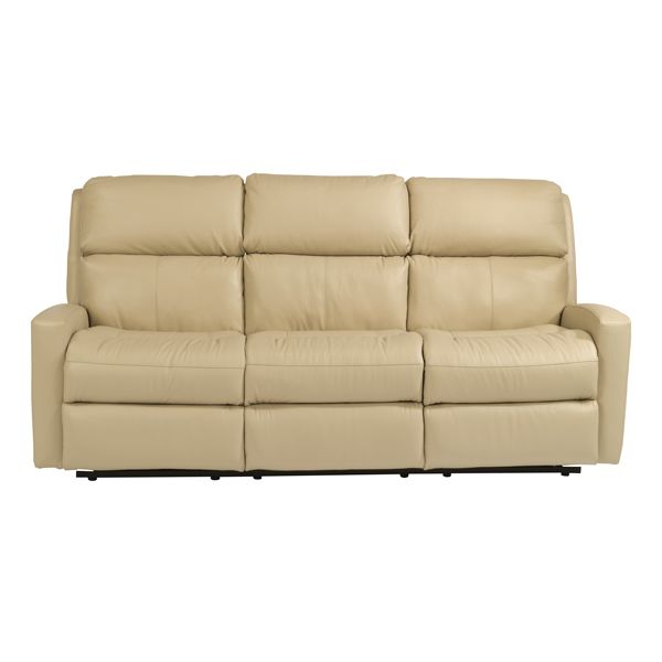 Beige leather three-seat sofa with padded back and armrests on a white background