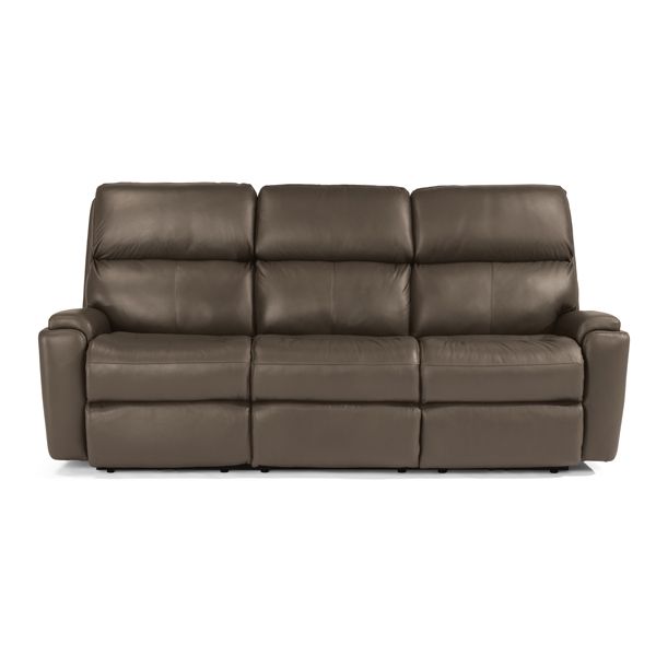 Dark brown leather reclining sofa with three seats and padded headrests