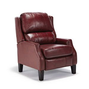 Burgundy leather recliner chair with black legs on a white background