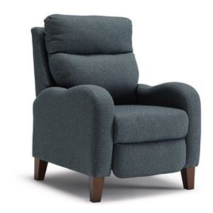 Dark gray upholstered armchair with wooden legs and a matching back cushion.
