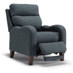 Dark gray recliner chair with padded armrests and an extended footrest