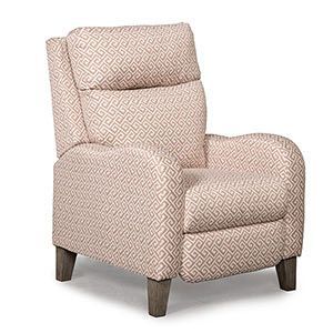 Beige patterned upholstered recliner chair with dark wooden legs on a white background