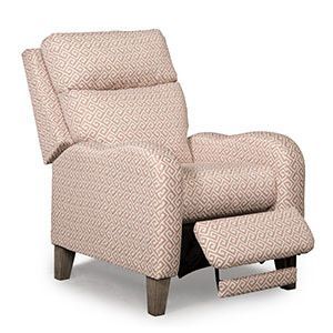 Beige patterned upholstered recliner chair with extended footrest on a white background