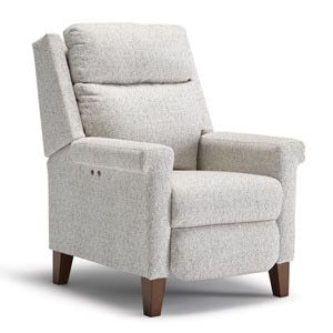 Light gray upholstered recliner chair with dark wooden legs on a white background