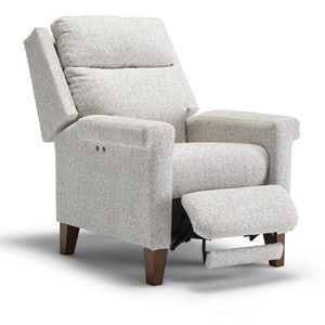 Light gray upholstered recliner chair with extended footrest on a white background
