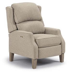 Beige upholstered recliner chair with wooden legs, angled in a studio-style view