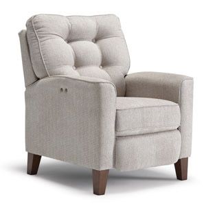 Light gray upholstered armchair with tufted back and wooden legs on a white background