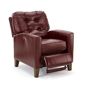 Burgundy leather recliner chair with padded back and matching footrest