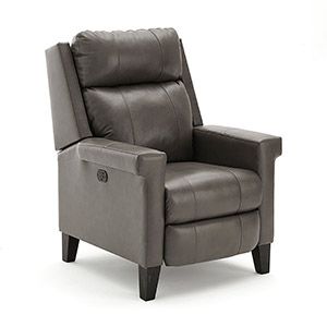 Brown leather recliner chair with padded backrest, armrests, and dark wooden legs