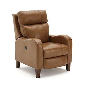 Brown leather recliner chair with padded back and armrests on wooden legs