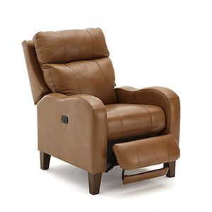 Brown leather recliner chair with padded footrest, viewed at an angle