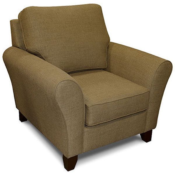 Brown upholstered armchair with rounded arms and dark wooden legs on a white background