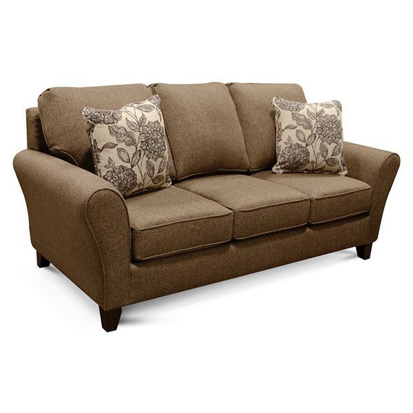 Brown fabric sofa with patterned throw pillows on a white background