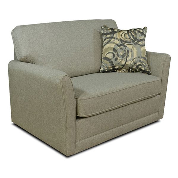 Beige upholstered loveseat with a patterned accent pillow on a white background