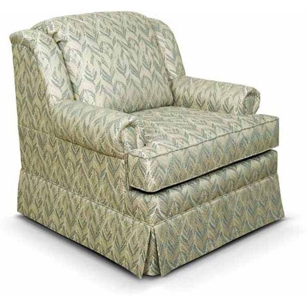 Patterned green upholstered armchair with a loose seat cushion and skirted base