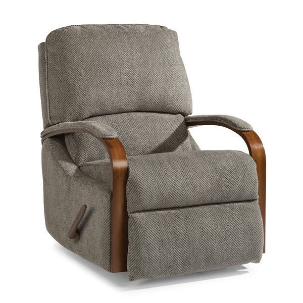 Gray recliner chair with wooden armrests and a footrest, shown on a white background