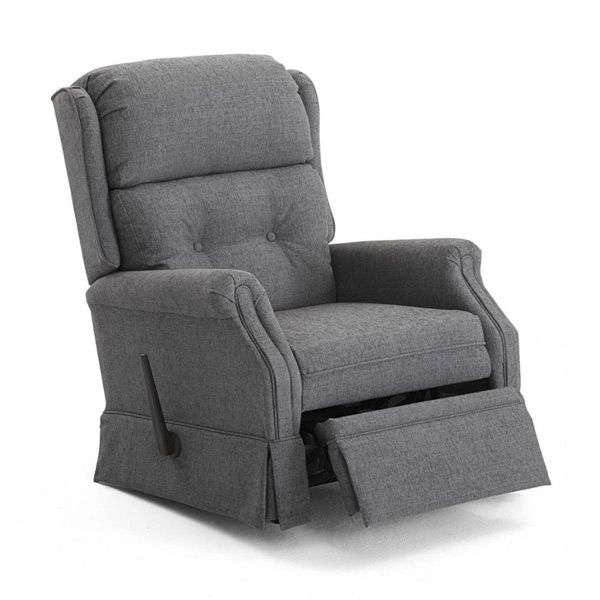 Gray upholstered recliner chair with footrest extended on a white background