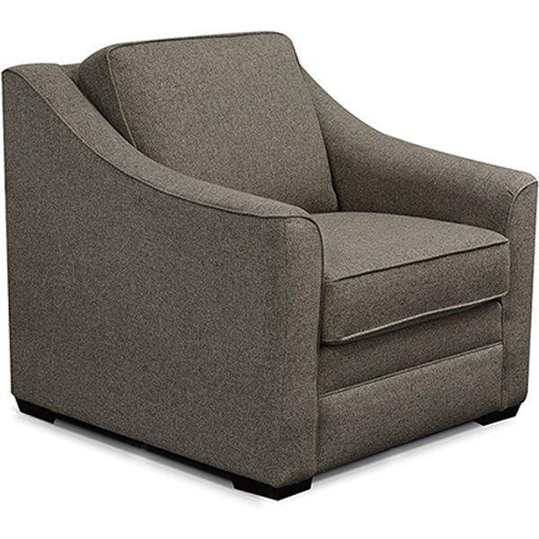 Gray upholstered armchair with rounded arms and black base on a white background