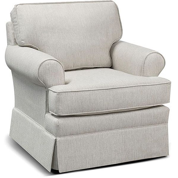 Light gray upholstered armchair with rounded arms and a skirted base on a white background