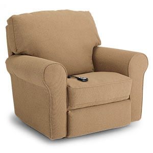 Beige upholstered armchair with a black remote on the seat