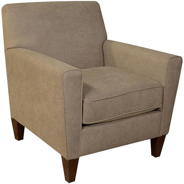 Beige upholstered armchair with dark wooden legs and square arms