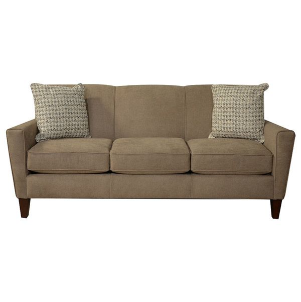 Brown upholstered sofa with two patterned throw pillows on a white background
