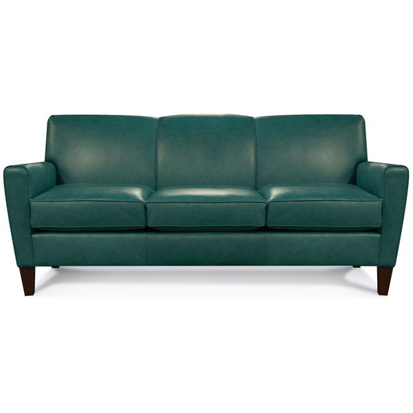 Teal-green three-seat sofa with wooden legs, front view on a white background