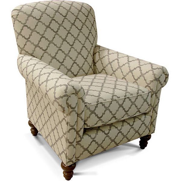 Beige patterned upholstered armchair with rolled arms and wooden feet
