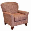 Brown upholstered armchair with wooden legs on a white background