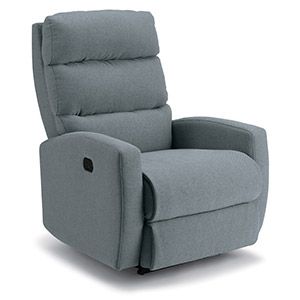 Gray upholstered recliner chair with padded armrests and high back