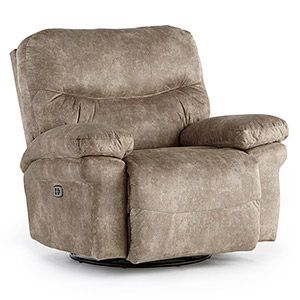 Brown upholstered recliner chair with cushioned armrests and a swivel base