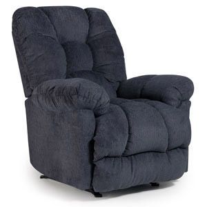 Dark gray plush recliner chair with padded arms and back, isolated on a white background