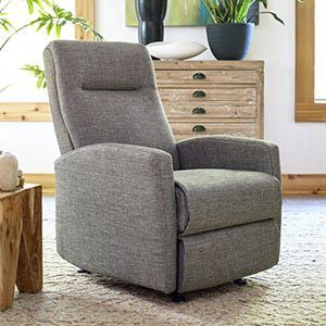 Gray upholstered recliner chair in a bright living room beside a wooden chest and plants