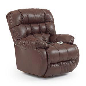 Brown leather recliner chair with a built-in cup holder and plush cushioning