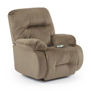 Taupe upholstered recliner chair with padded arms and a remote control on the seat