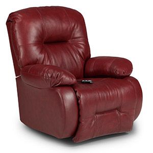 Burgundy leather recliner chair with padded arms and backrest on a white background