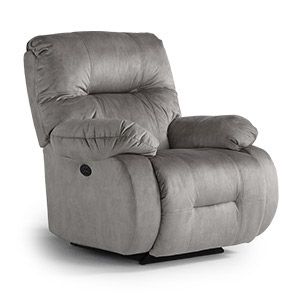 Gray upholstered recliner chair with padded headrest and armrest, angled to the side.