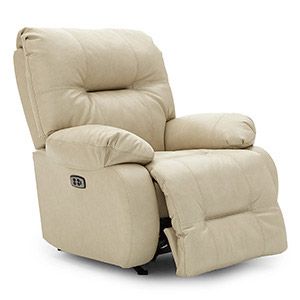 Beige cushioned recliner chair with footrest, shown on a white background