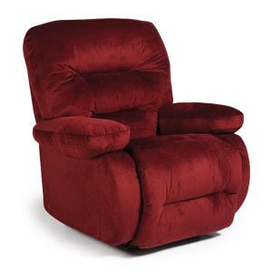 Red upholstered recliner chair with plush cushions and armrests