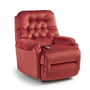 Red upholstered recliner chair with tufted back and armrests, shown in a studio setting.