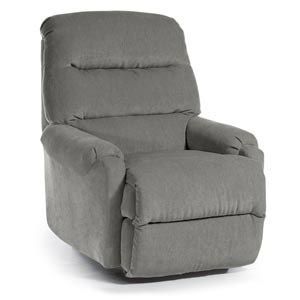 Gray upholstered recliner chair with padded armrests on a white background