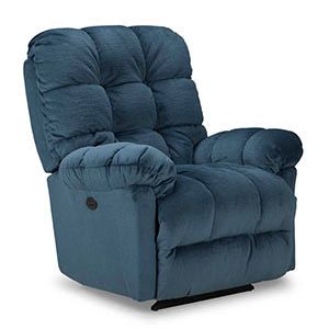 Blue cushioned recliner chair with padded arms and tufted back, isolated on a white background