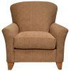 Brown upholstered armchair with wooden legs on a white background