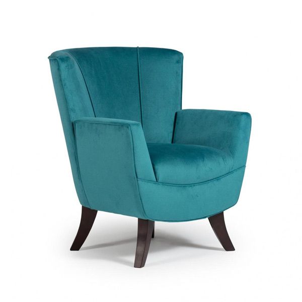 Teal upholstered armchair with dark wooden legs on a white background