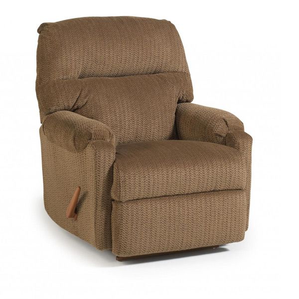 Brown upholstered recliner chair with padded arms and a high back